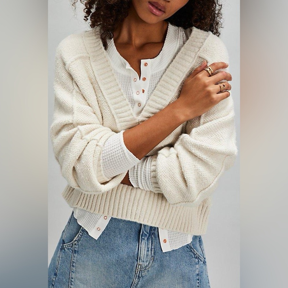 FREE PEOPLE  Rhea V-Neck Pullover - Cream- XL - Picture 3 of 8
